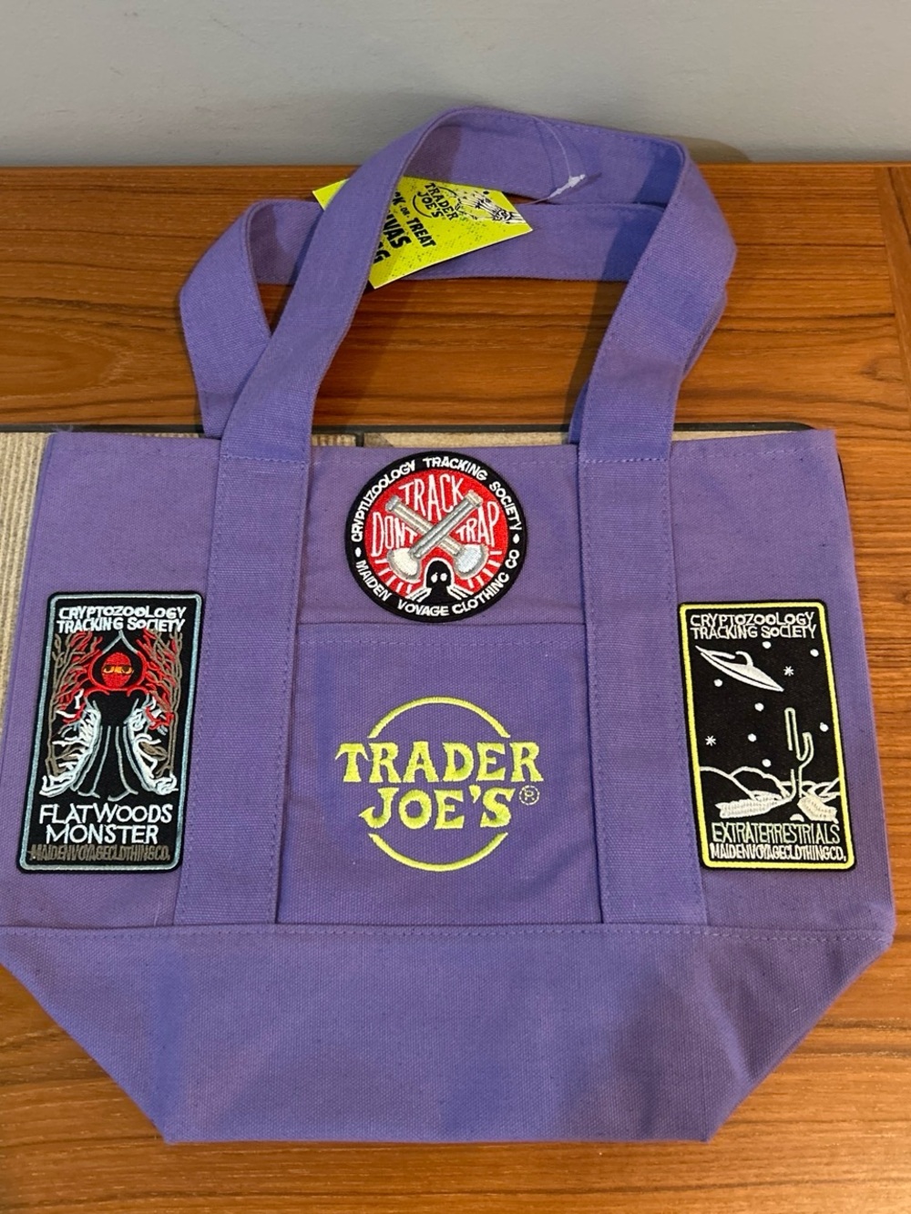 Upcycled Trader Joe's Purple Canvas Tote Bag with Cryptid Patch Details